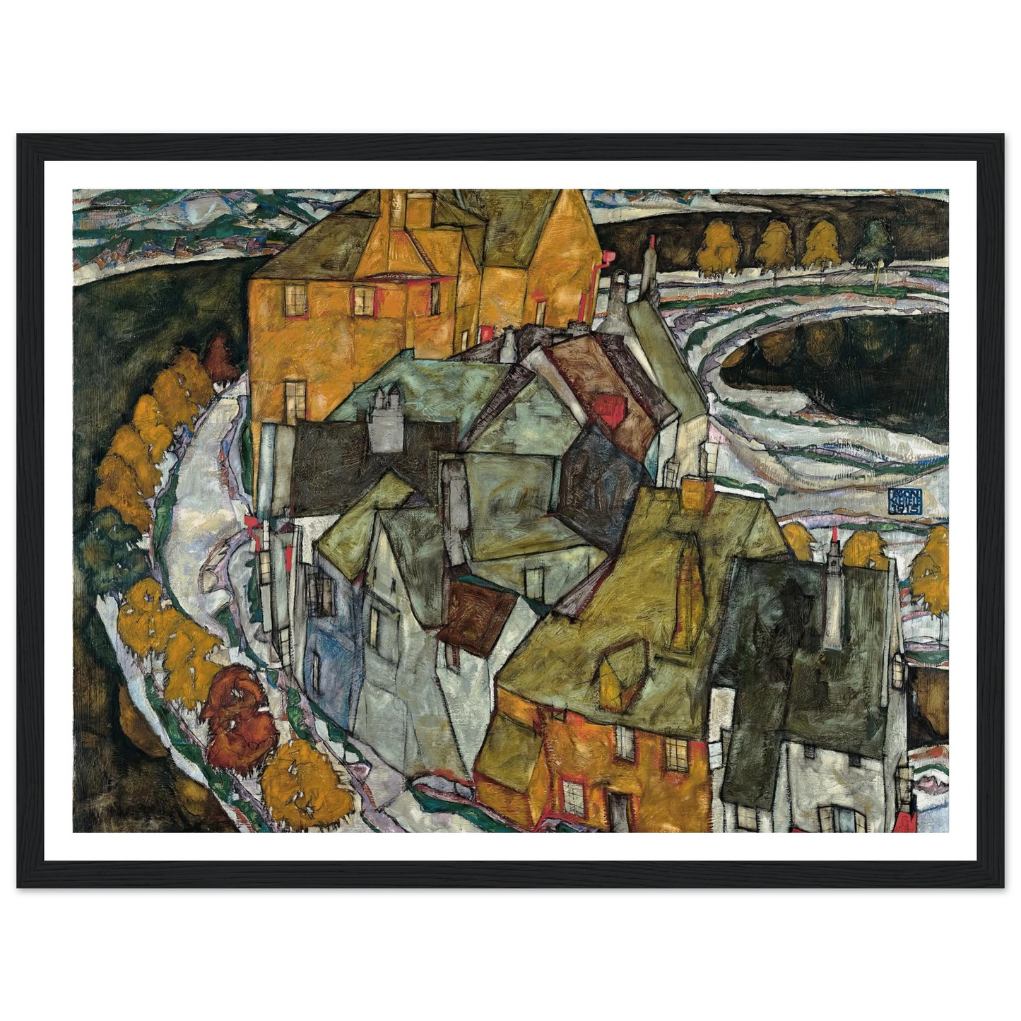 Crescent of Houses II (1915) Art Print | Egon Schiele - Framed Poster - 30x40 cm / 12x16″ - Black frame