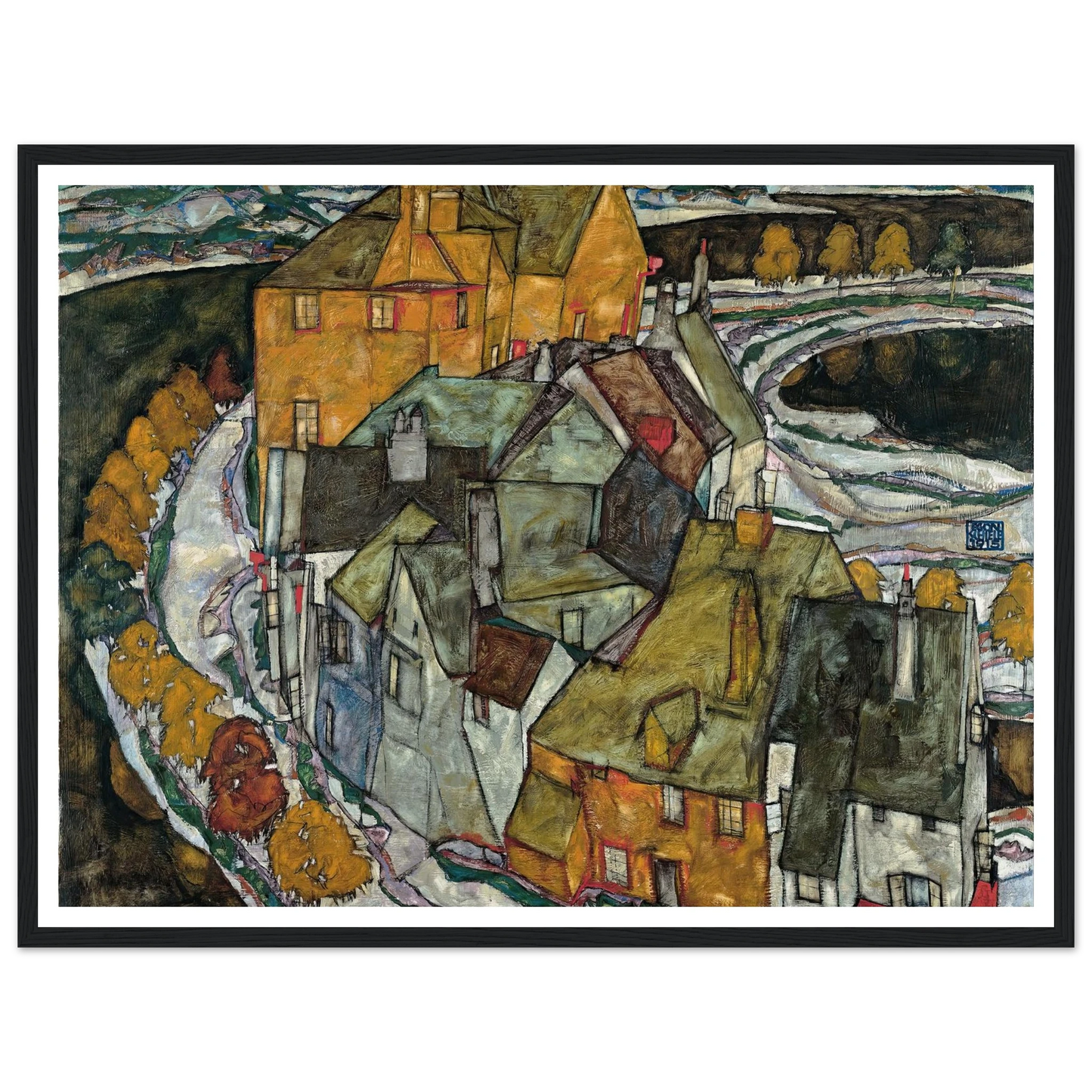 Crescent of Houses II (1915) Art Print | Egon Schiele - Framed Poster - 30x40 cm / 12x16″ - Black frame
