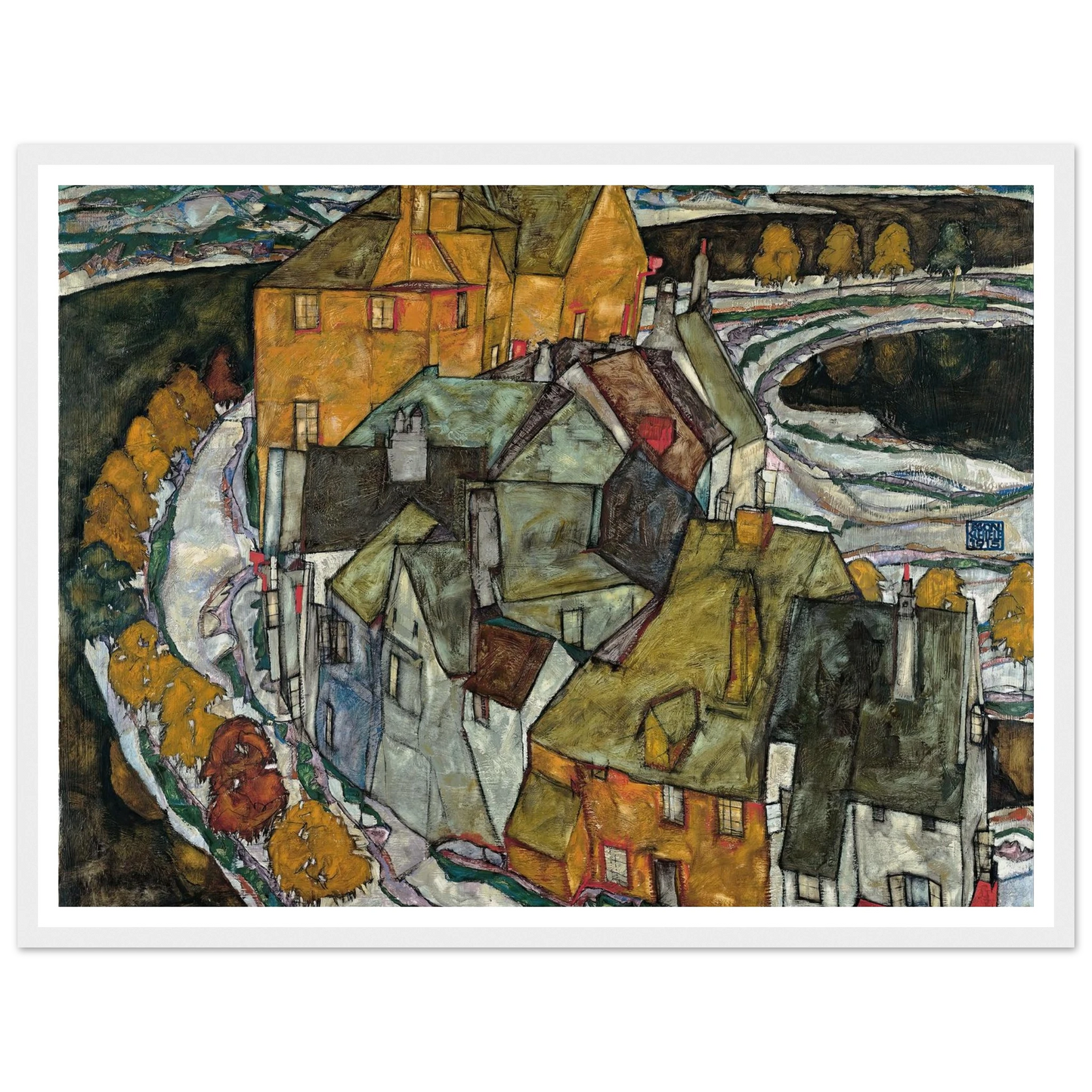 Crescent of Houses II (1915) Art Print | Egon Schiele - Framed Poster - 30x40 cm / 12x16″ - Black frame