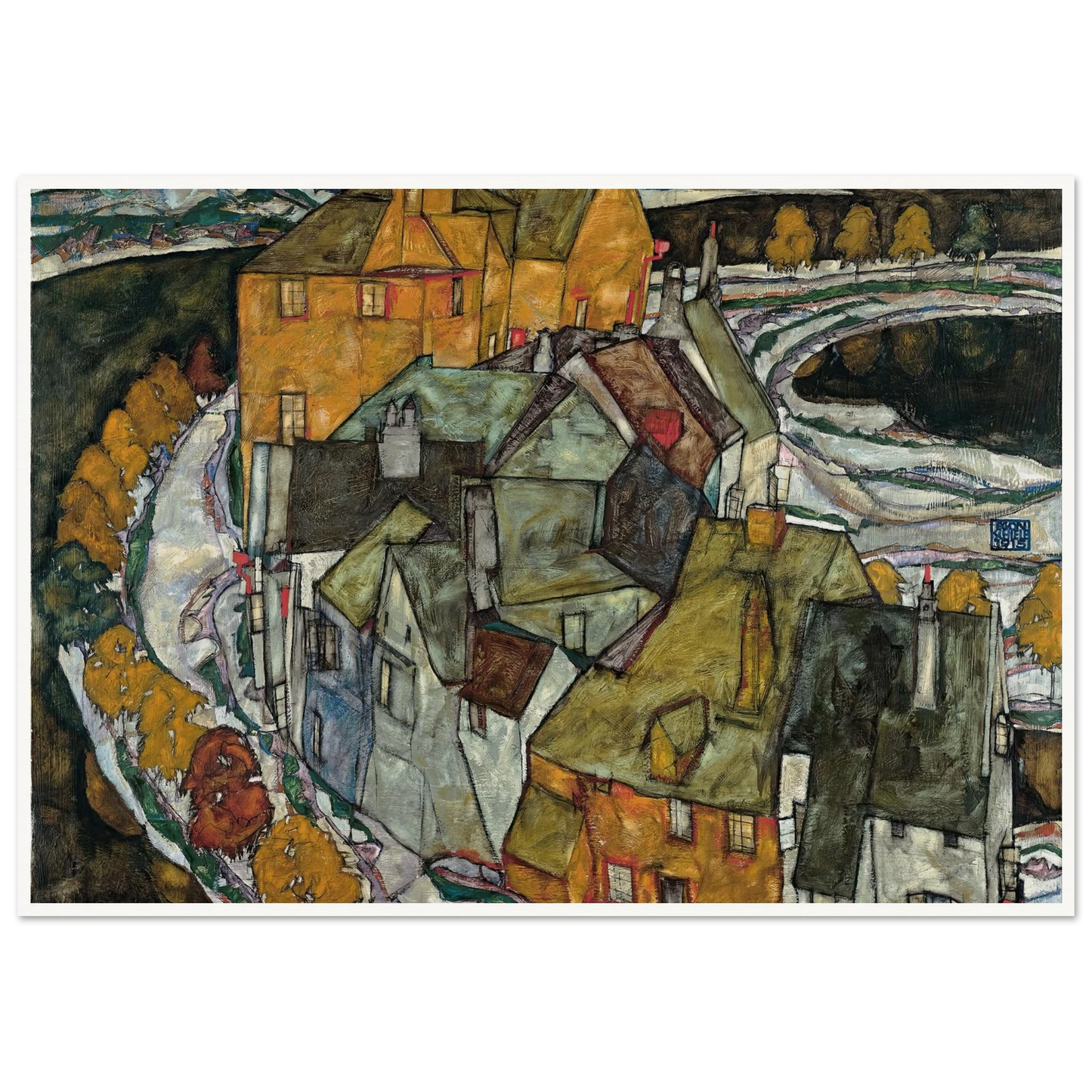Crescent of Houses II (1915) Art Print | Egon Schiele - Framed Poster - 30x40 cm / 12x16″ - Black frame