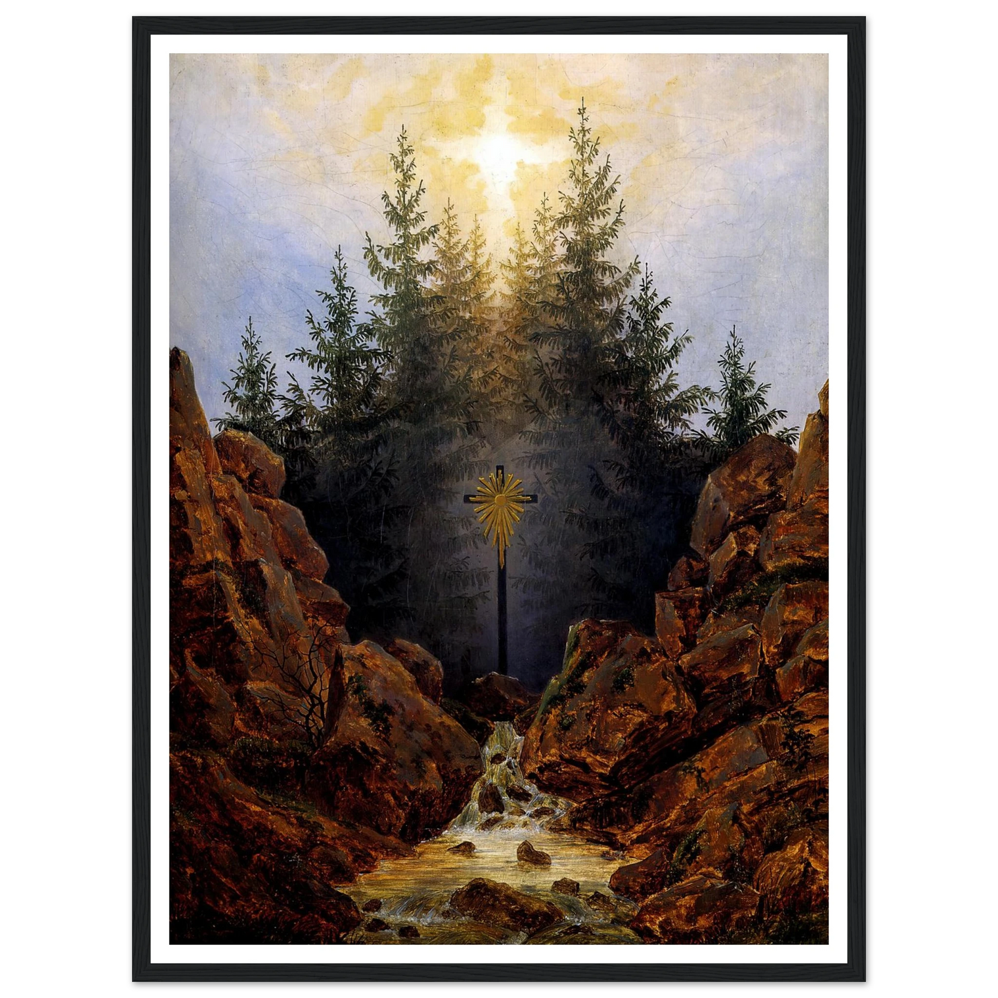 Croix dans la Forêt Huile sur toile (1821) Art Print | Caspar David Friedrich - Framed Poster - 30x40 cm / 12x16″ - Black frame