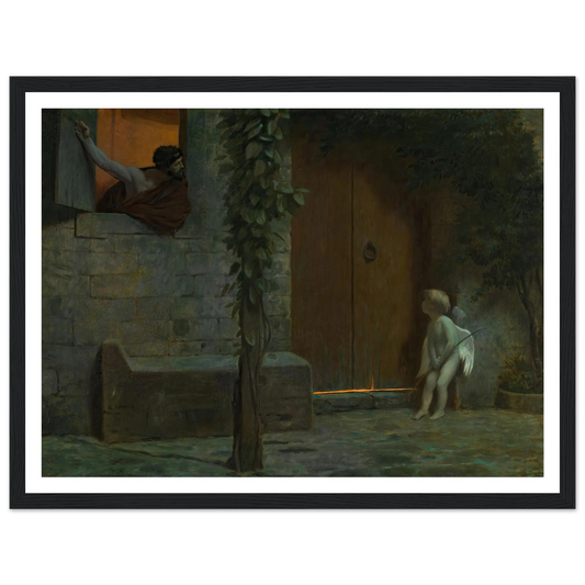 Cupid at the Door in a Rainstorm Art Print | Jean Leon Gerome - Framed Poster - 30x40 cm / 12x16″ - Black frame