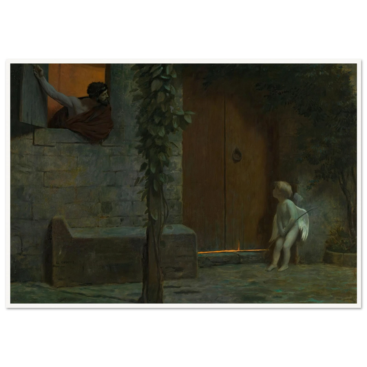 Cupid at the Door in a Rainstorm Art Print | Jean Leon Gerome - Framed Poster - 30x40 cm / 12x16″ - Black frame