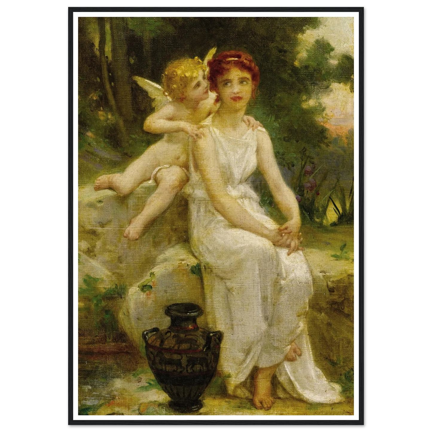 Cupid Whispering to a Young Maiden Art Print | Guillaume Seignac - Framed Poster - 30x40 cm / 12x16″ - Black frame