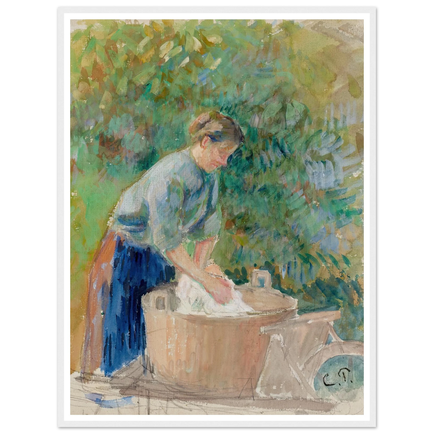 Femme lavant du linge dans un baquet (circa 1889) Art Print | Camille Pissarro-Quipham Collections