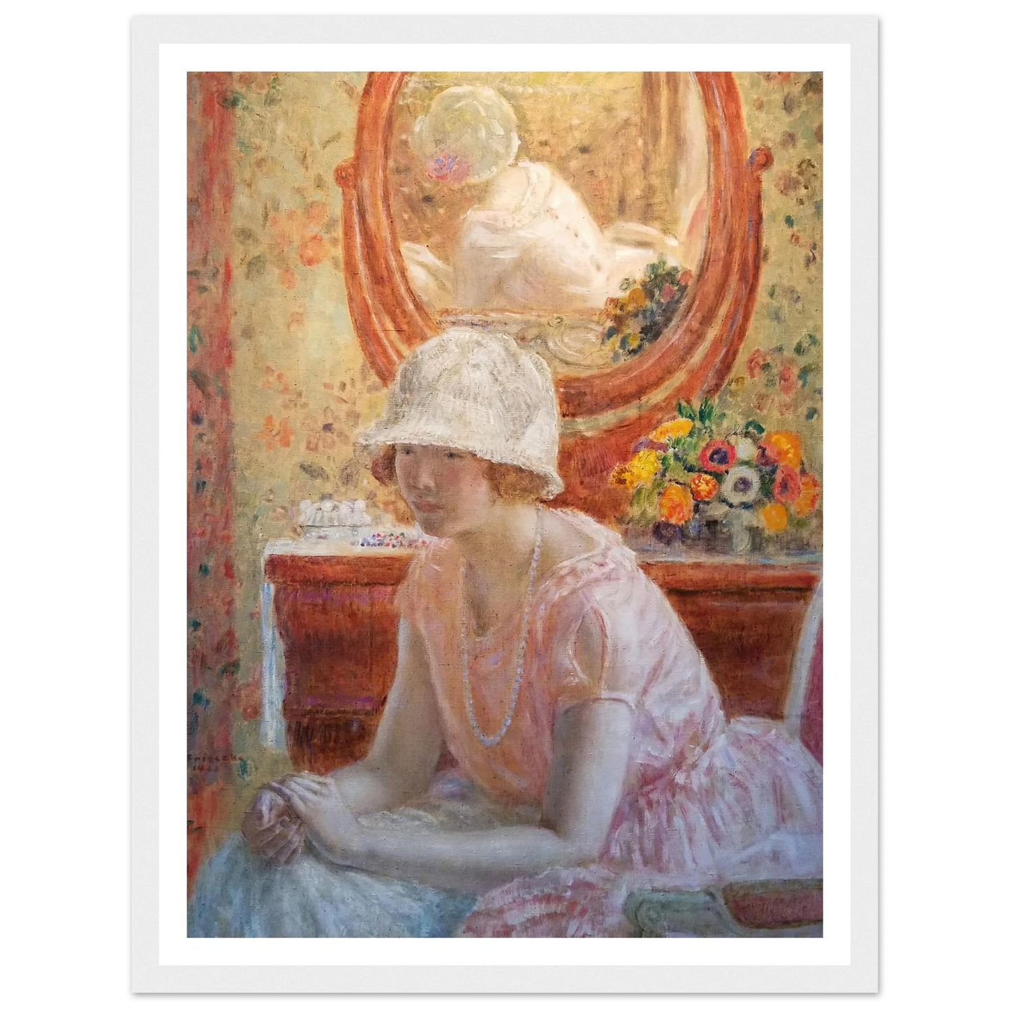 Young Girl Before a Mirror in a Pink Dress (1923) Art Print | Frederick Carl Frieseke-Quipham Collections