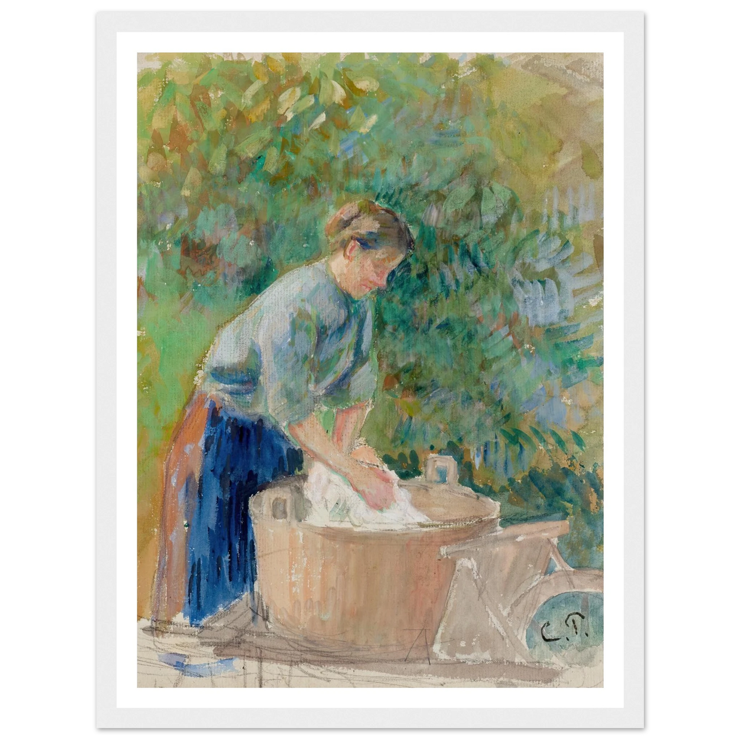 Femme lavant du linge dans un baquet (circa 1889) Art Print | Camille Pissarro-Quipham Collections