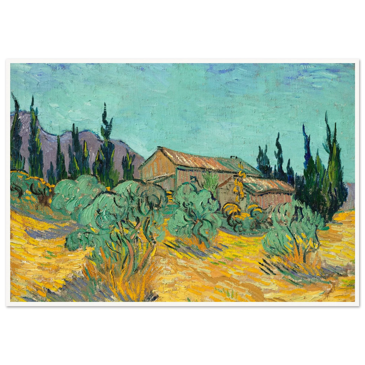 Cabanes de bois parmi les oliviers et cyprès (1889) Art Print | Vincent van Gogh-Quipham Collections