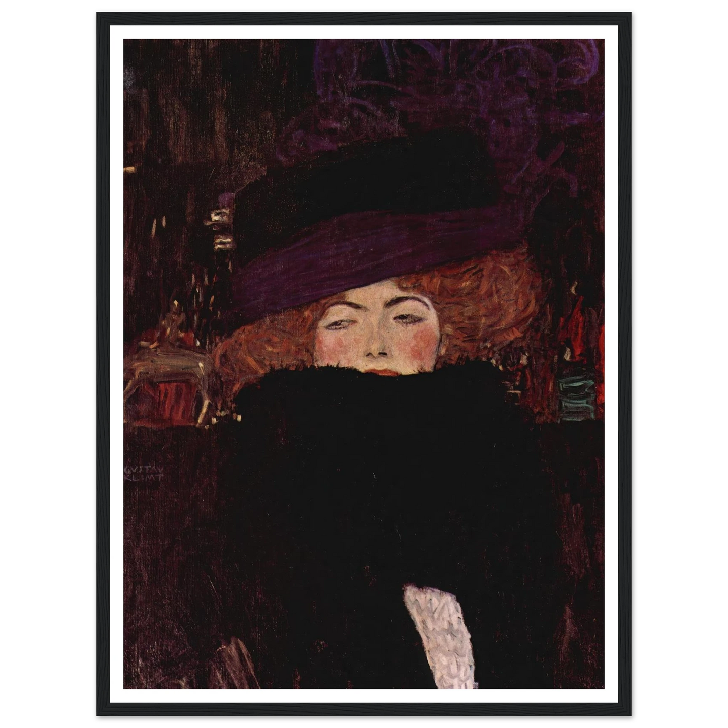 Dame mit Hut und Federboa (1909) Art Print | Gustav Klimt - Framed Poster - 30x40 cm / 12x16″ - Black frame