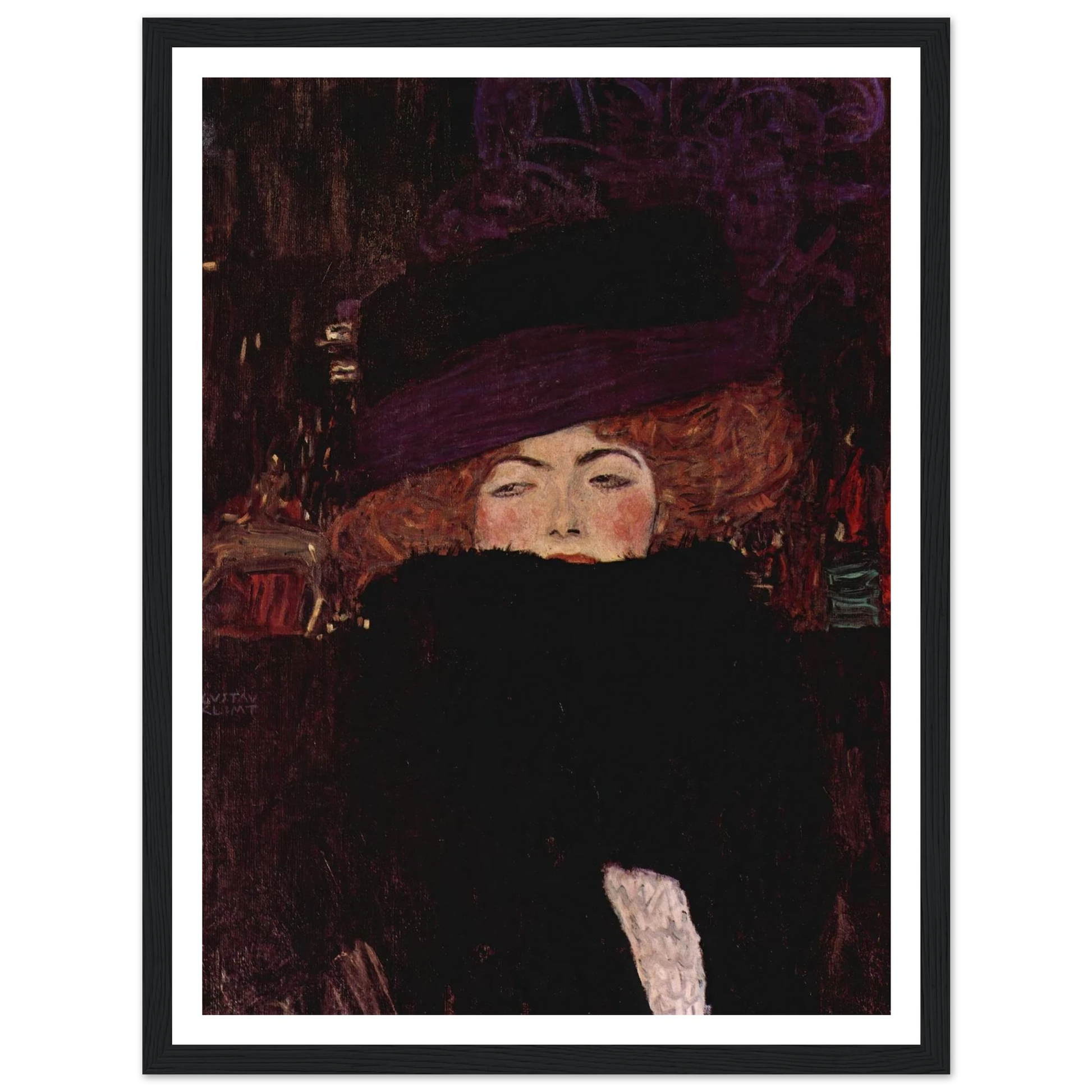 Dame mit Hut und Federboa (1909) Art Print | Gustav Klimt - Framed Poster - 30x40 cm / 12x16″ - Black frame