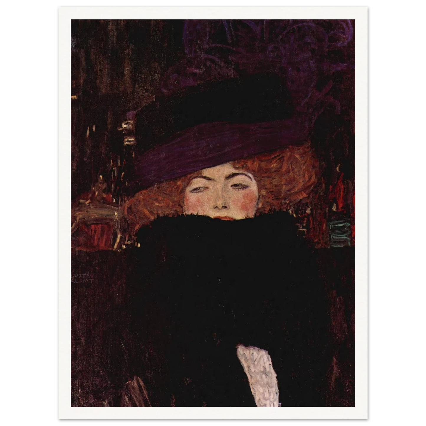 Dame mit Hut und Federboa (1909) Art Print | Gustav Klimt - Framed Poster - 30x40 cm / 12x16″ - Black frame