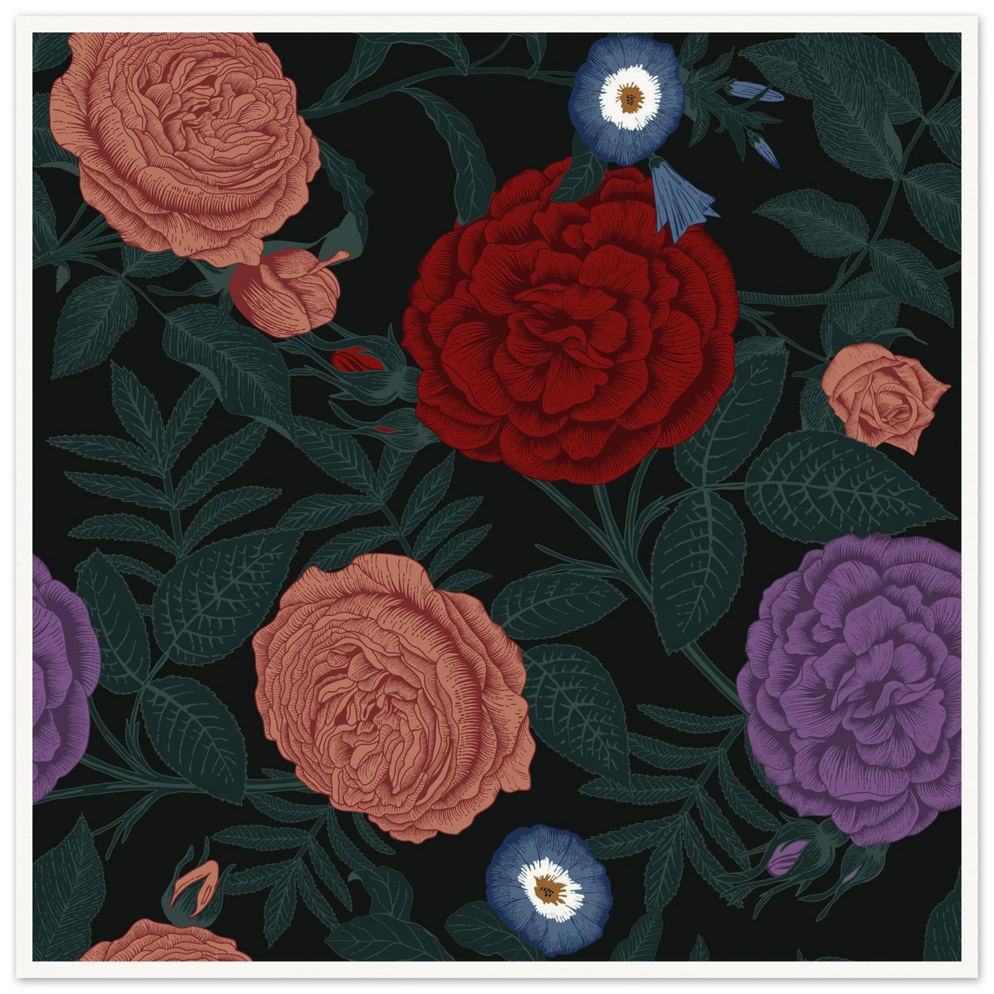 Dark Peony Droplets Art Print | William Morris Inspired - Framed Poster - 30x30 cm / 12x12″ - Black frame