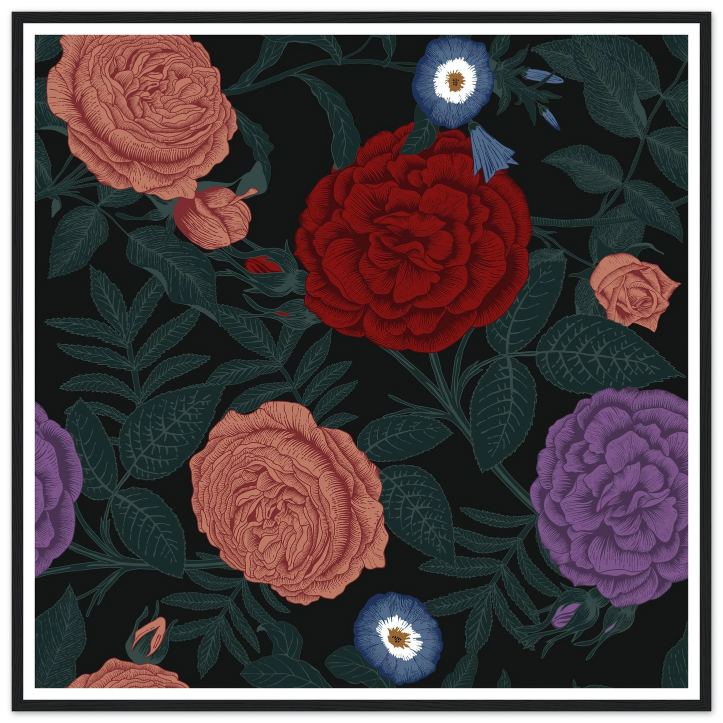 Dark Peony Droplets Art Print | William Morris Inspired - Framed Poster - 30x30 cm / 12x12″ - Black frame