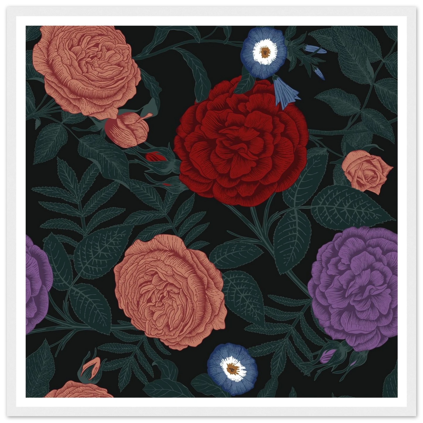 Dark Peony Droplets Art Print | William Morris Inspired - Framed Poster - 30x30 cm / 12x12″ - Black frame