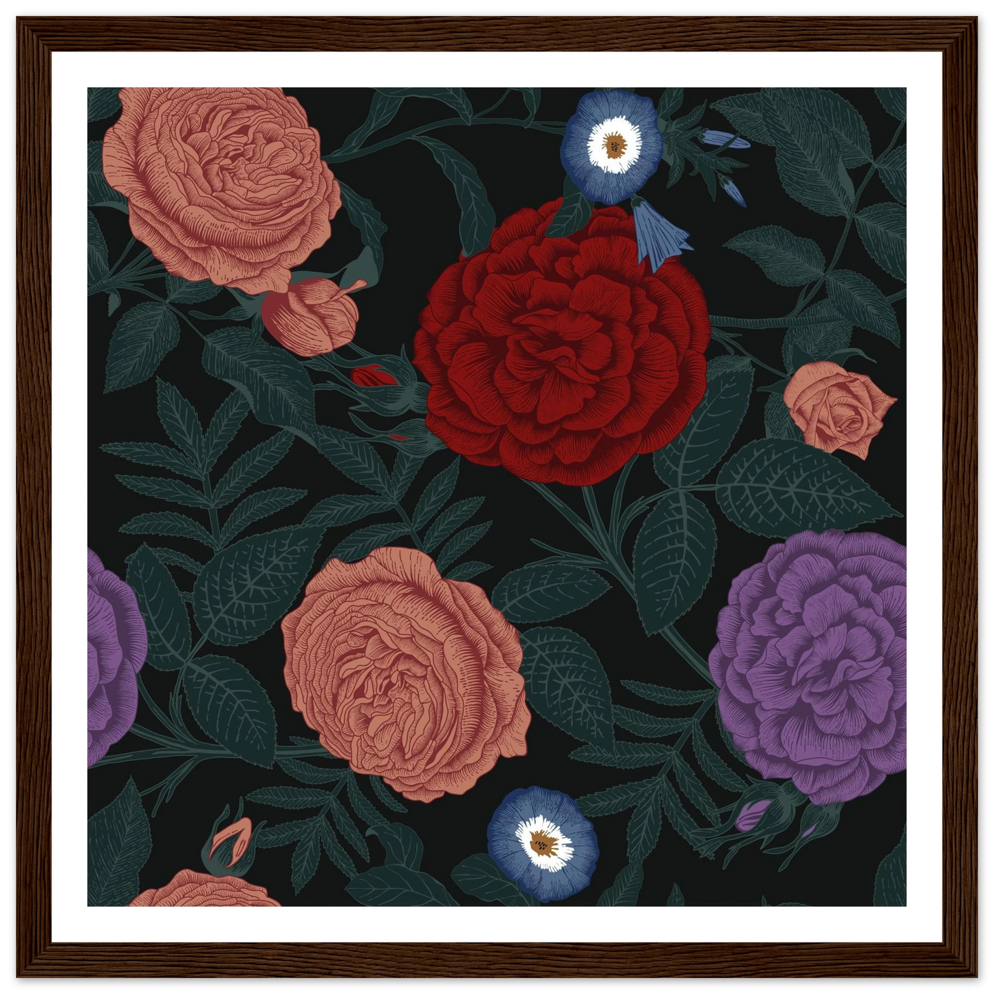 Dark Peony Droplets Art Print | William Morris Inspired - Framed Poster - 30x30 cm / 12x12″ - Black frame