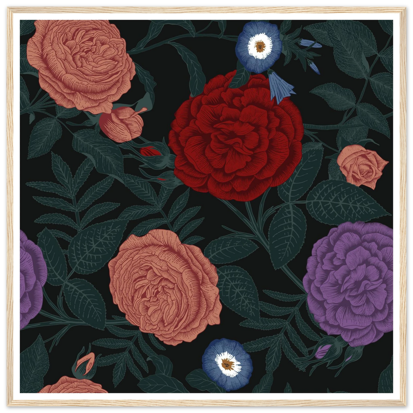 Dark Peony Droplets Art Print | William Morris Inspired - Framed Poster - 30x30 cm / 12x12″ - Black frame