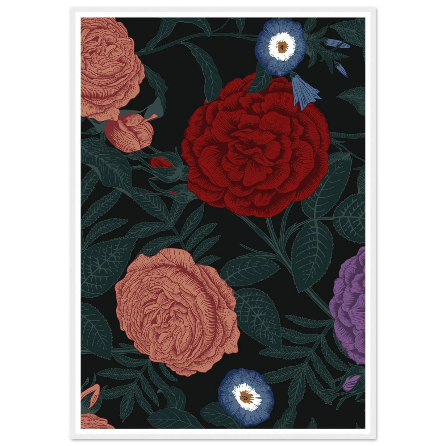 Dark Peony Droplets Art Print | William Morris Inspired - Framed Poster - 30x30 cm / 12x12″ - Black frame
