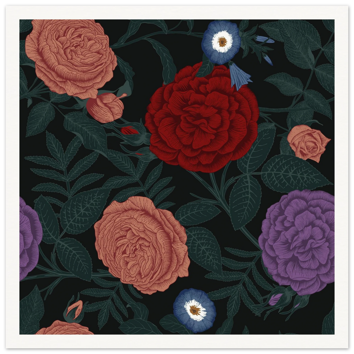 Dark Peony Droplets Art Print | William Morris Inspired - Framed Poster - 30x30 cm / 12x12″ - Black frame