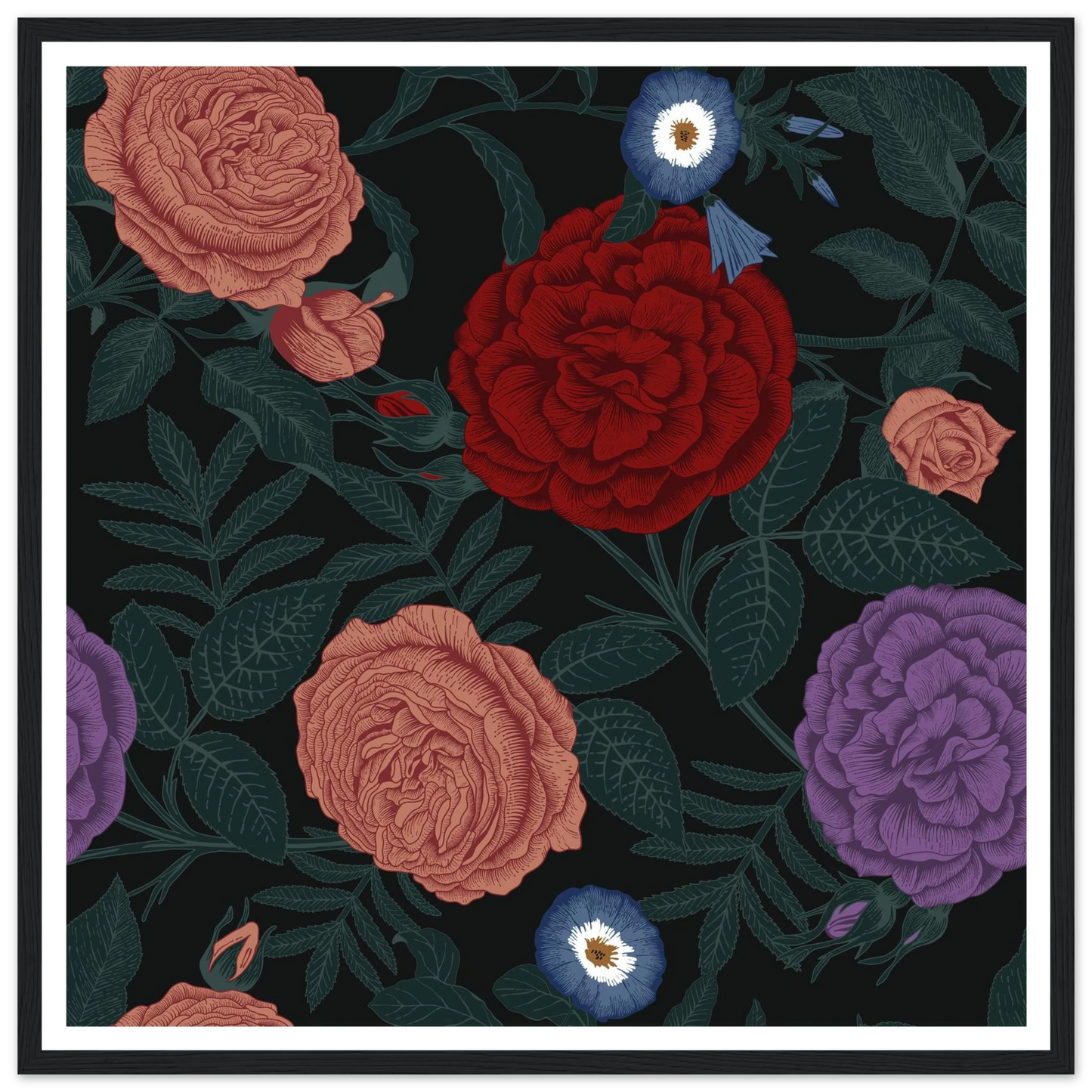 Dark Peony Droplets Art Print | William Morris Inspired - Framed Poster - 30x30 cm / 12x12″ - Black frame
