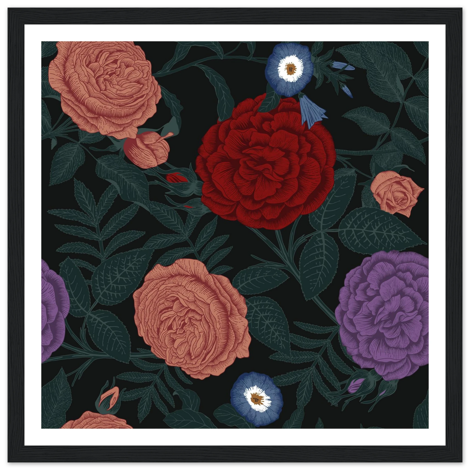 Dark Peony Droplets Art Print | William Morris Inspired - Framed Poster - 30x30 cm / 12x12″ - Black frame