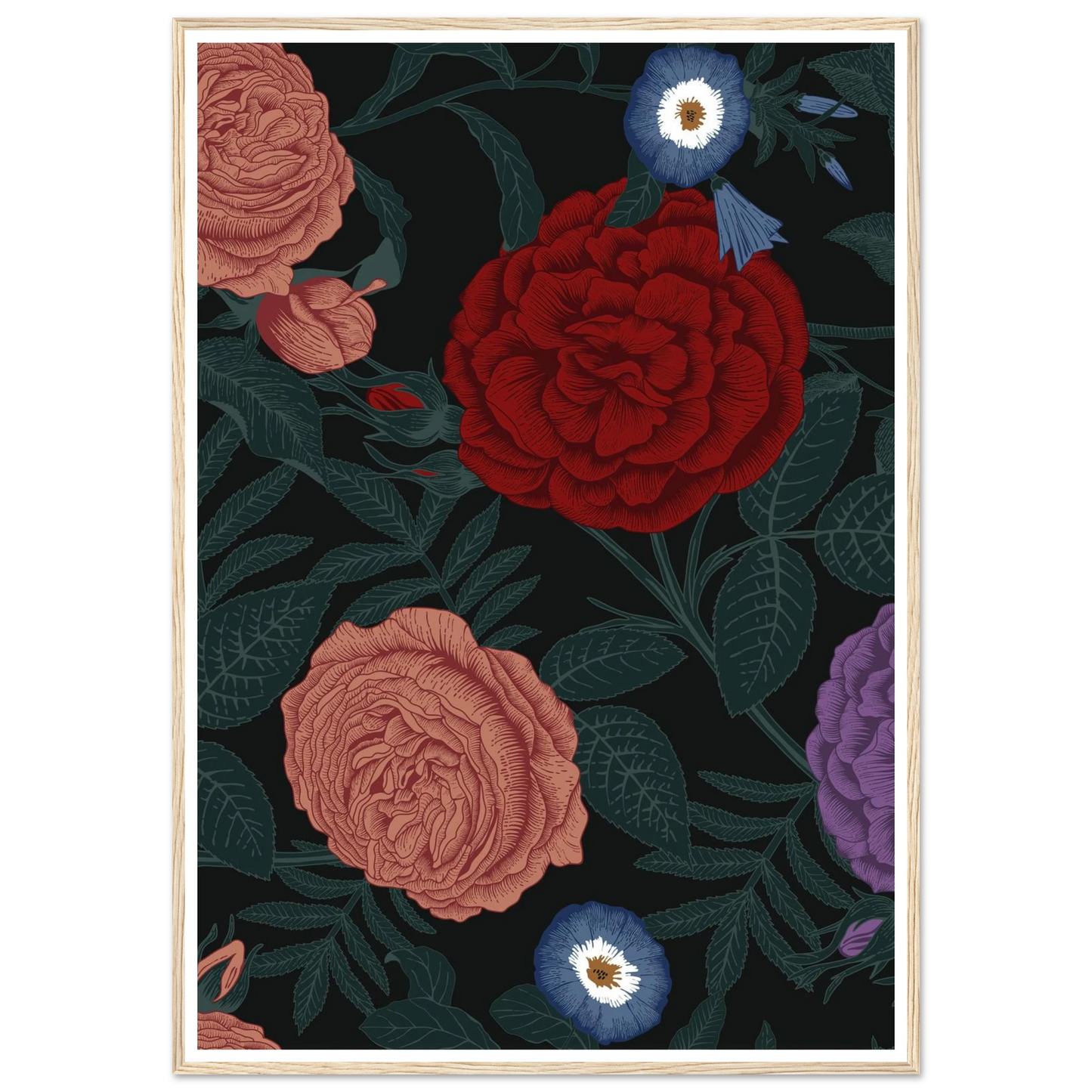 Dark Peony Droplets Art Print | William Morris Inspired - Framed Poster - 30x30 cm / 12x12″ - Black frame