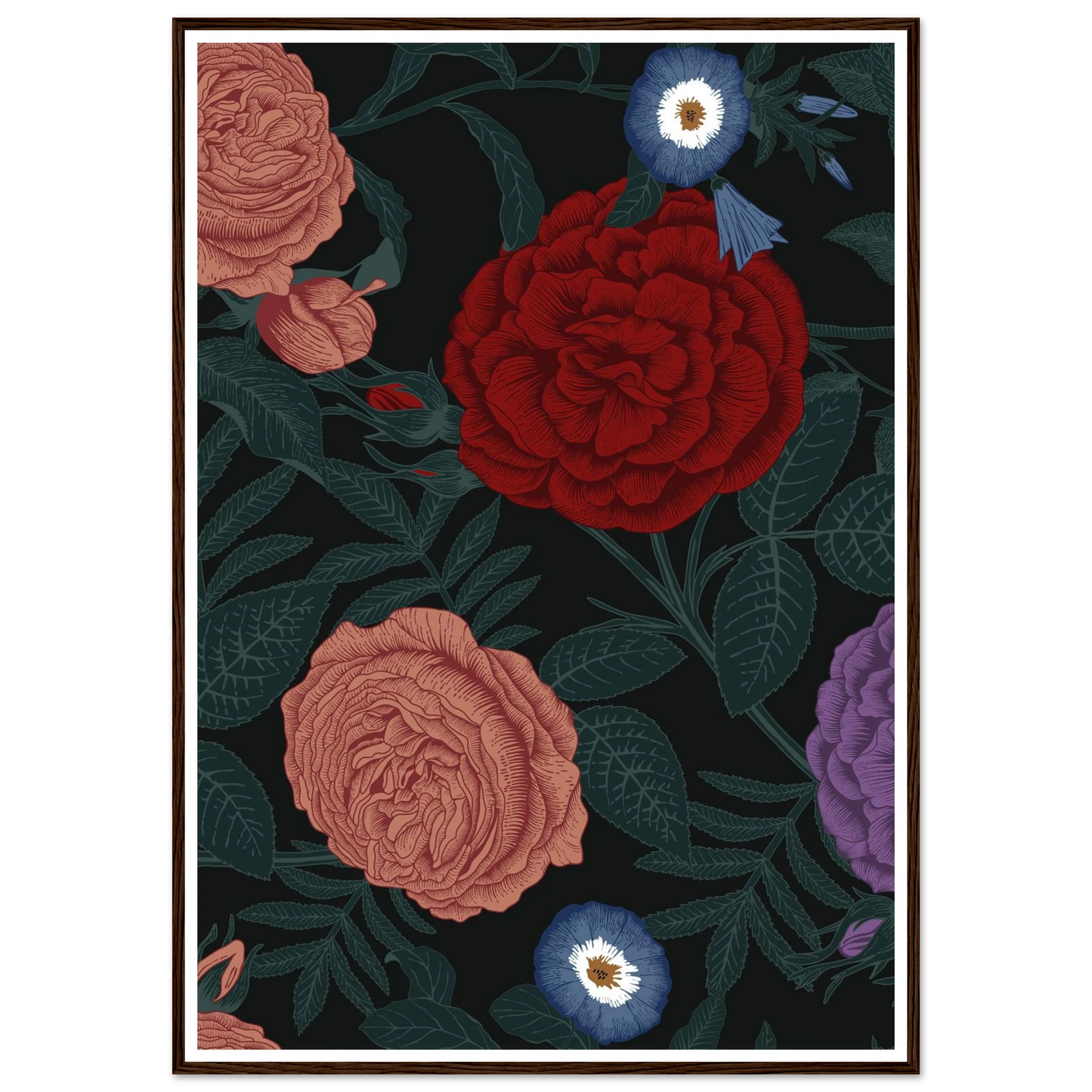 Dark Peony Droplets Art Print | William Morris Inspired - Framed Poster - 30x30 cm / 12x12″ - Black frame
