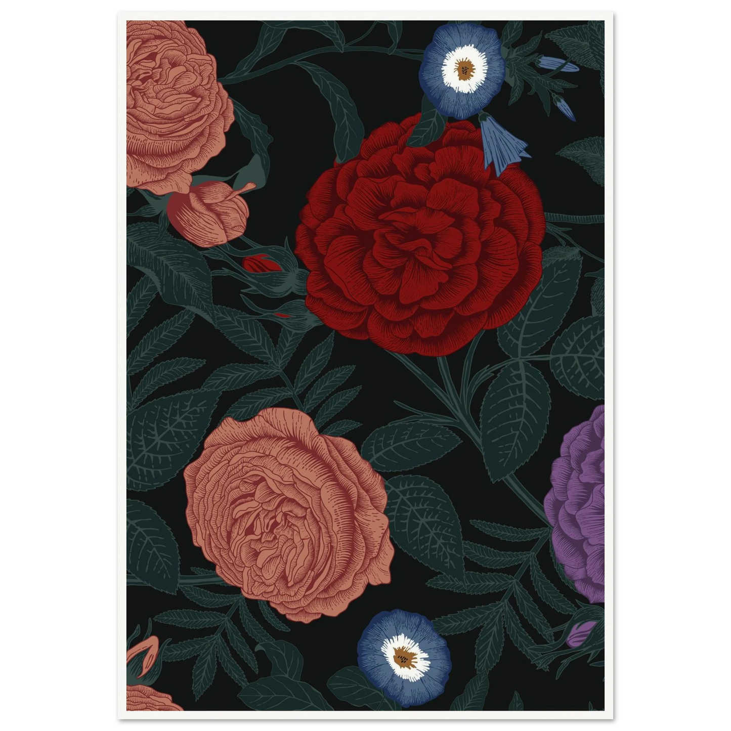 Dark Peony Droplets Art Print | William Morris Inspired - Framed Poster - 30x30 cm / 12x12″ - Black frame