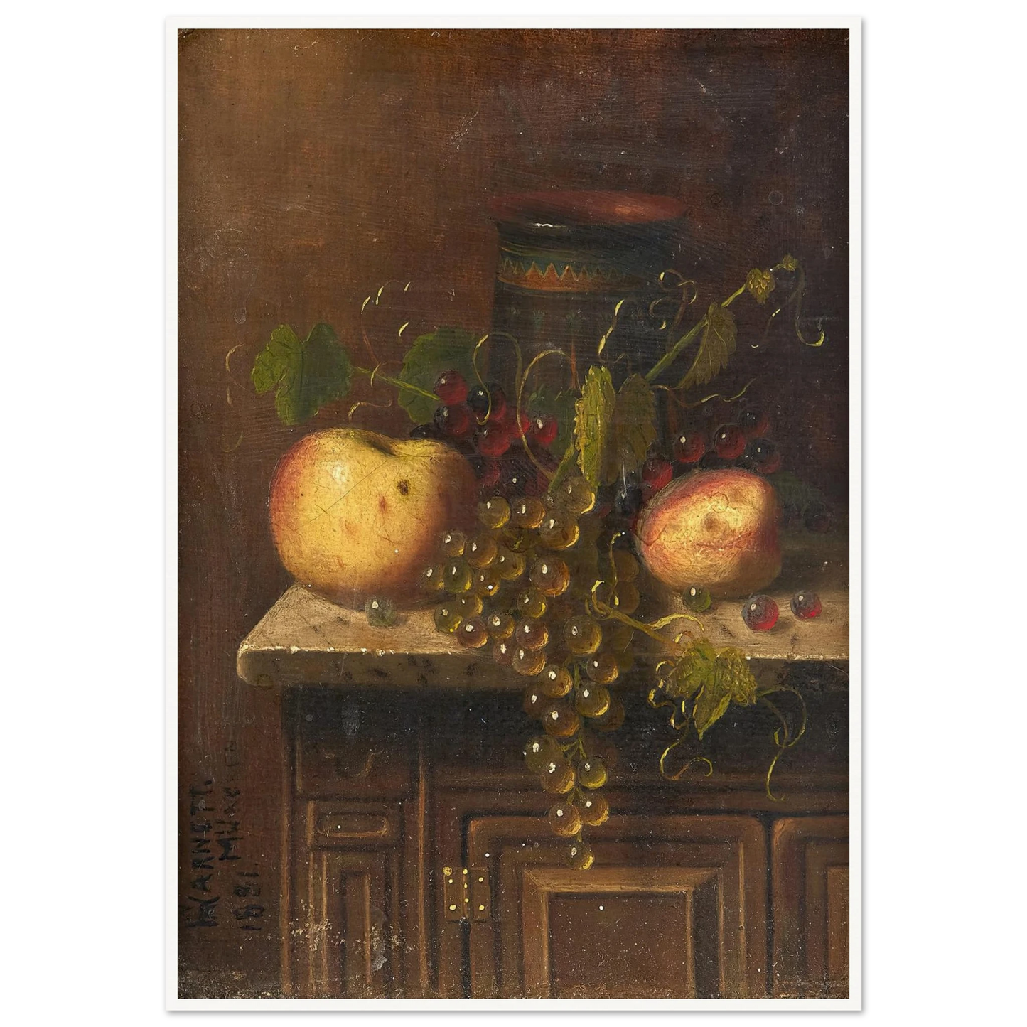 Still Life with Egyptian Vase, Apples and Grapes on a Marble Top Console (1881) Art Print | William Michael Harnett-Quipham Collections