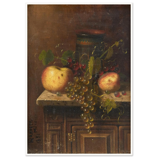 Still Life with Egyptian Vase, Apples and Grapes on a Marble Top Console (1881) Art Print | William Michael Harnett-Quipham Collections