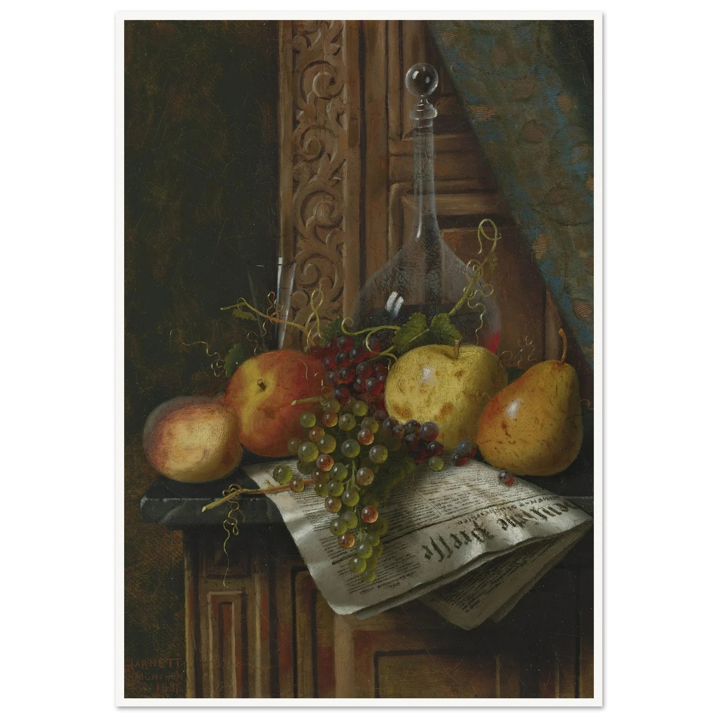 Still Life with Munich Newspaper, Fruit and Decanter (1881) Art Print | William Michael Harnett-Quipham Collections