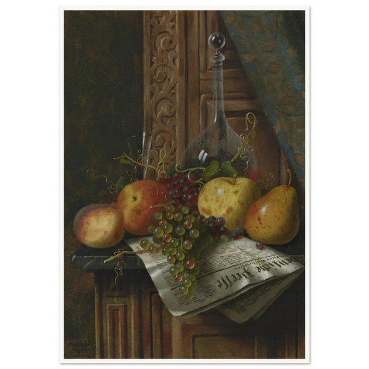 Still Life with Munich Newspaper, Fruit and Decanter (1881) Art Print | William Michael Harnett-Quipham Collections