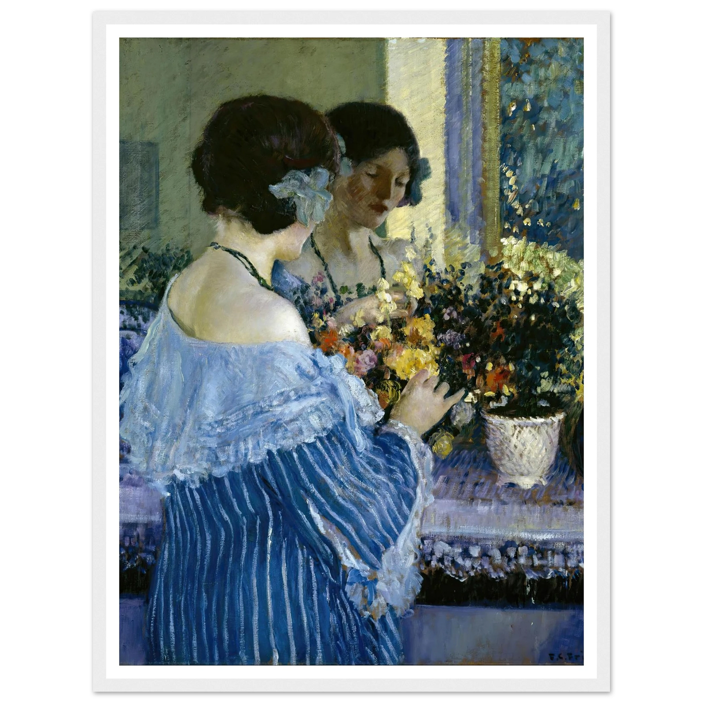 Girl in Blue Arranging Flowers (1915) Art Print | Frederick Carl Frieseke-Quipham Collections