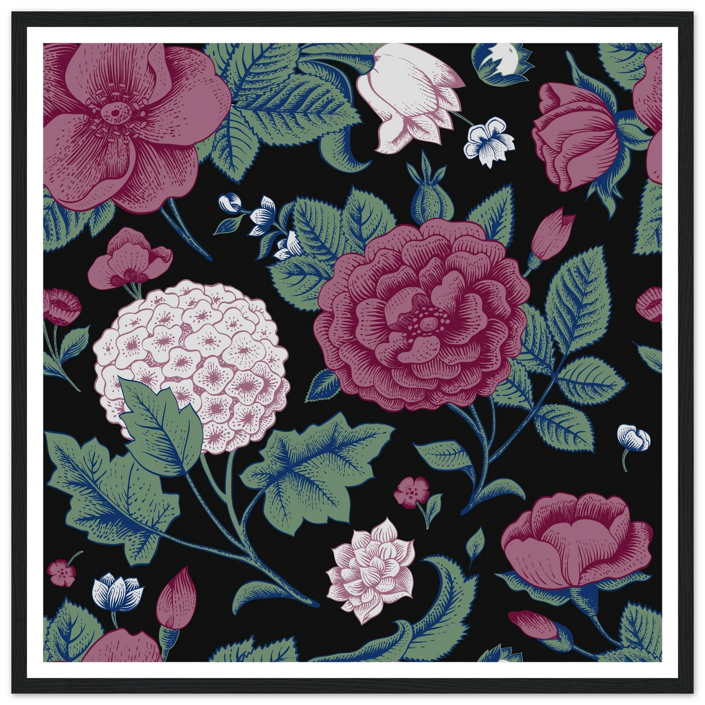 Deep Hydrangea & Rose Art Print | William Morris Inspired - Framed Poster - 30x30 cm / 12x12″ - Black frame