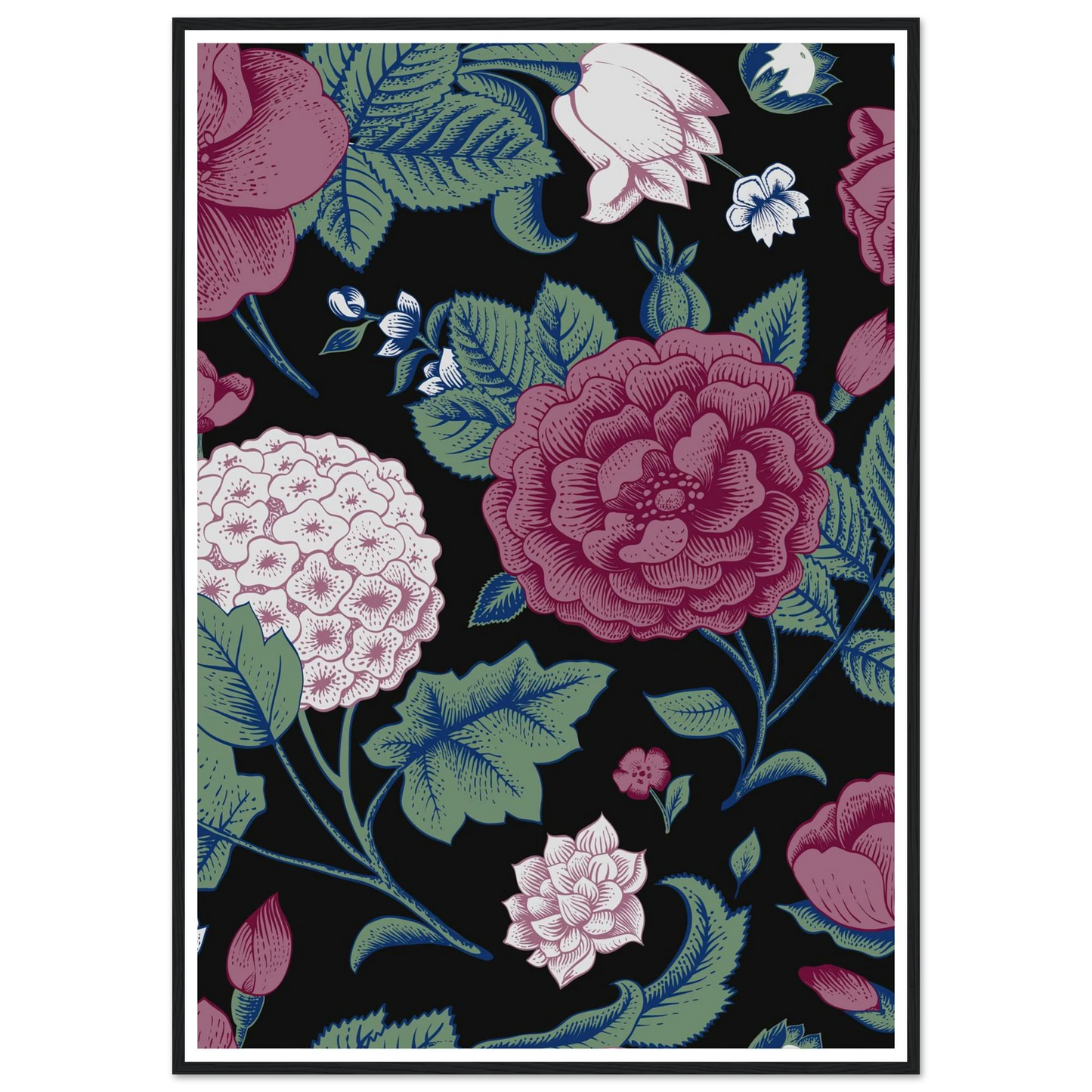 Deep Hydrangea & Rose Art Print | William Morris Inspired - Framed Poster - 30x30 cm / 12x12″ - Black frame