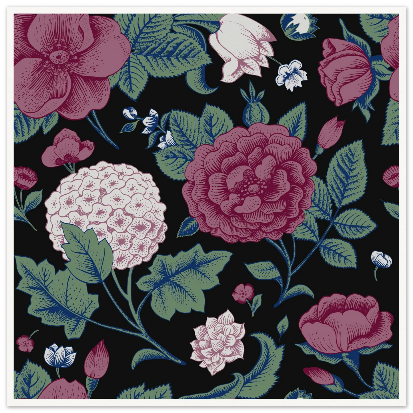 Deep Hydrangea & Rose Art Print | William Morris Inspired - Framed Poster - 30x30 cm / 12x12″ - Black frame