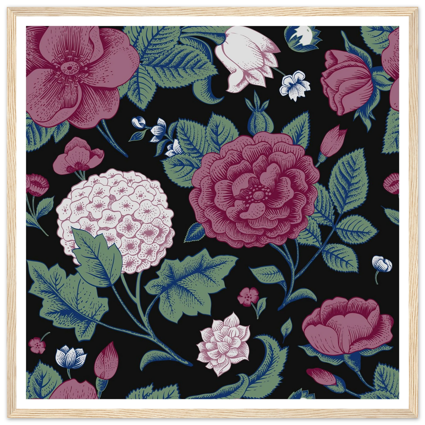 Deep Hydrangea & Rose Art Print | William Morris Inspired - Framed Poster - 30x30 cm / 12x12″ - Black frame