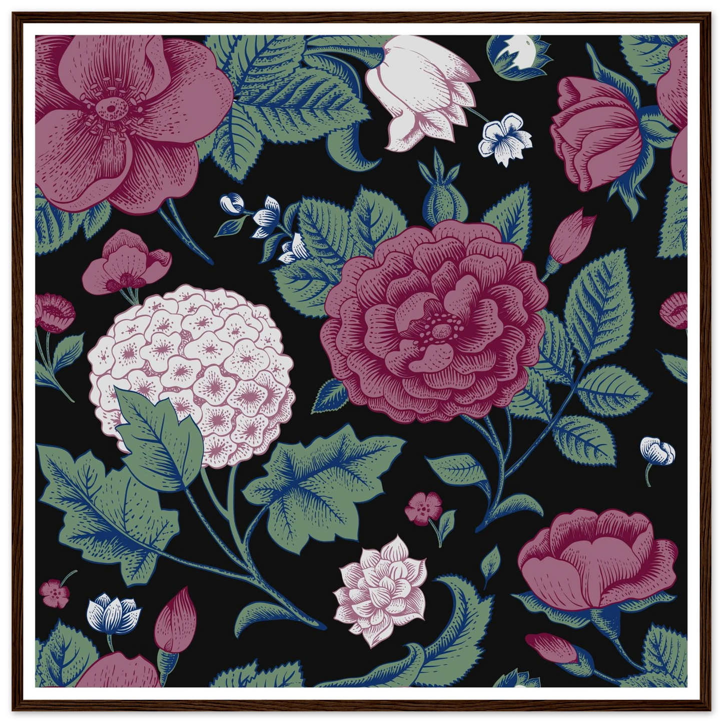 Deep Hydrangea & Rose Art Print | William Morris Inspired - Framed Poster - 30x30 cm / 12x12″ - Black frame