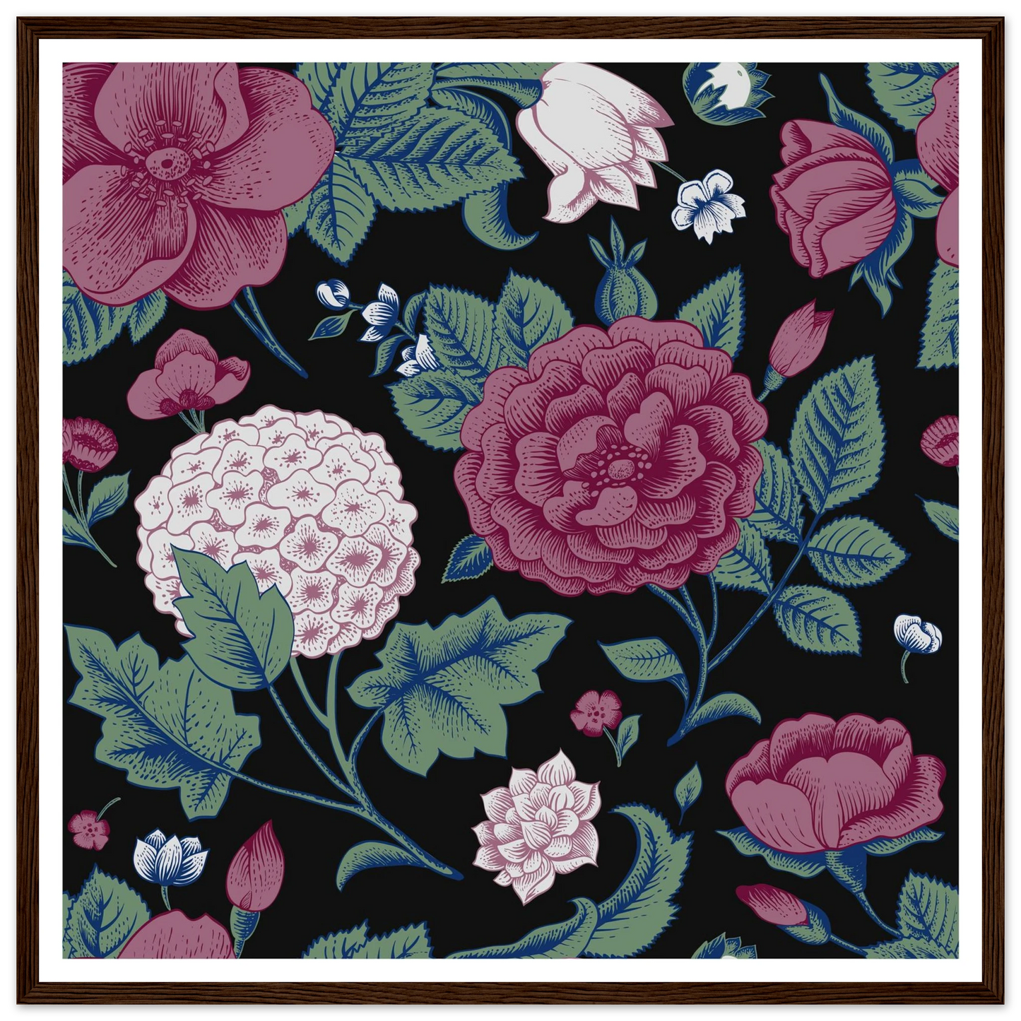 Deep Hydrangea & Rose Art Print | William Morris Inspired - Framed Poster - 30x30 cm / 12x12″ - Black frame