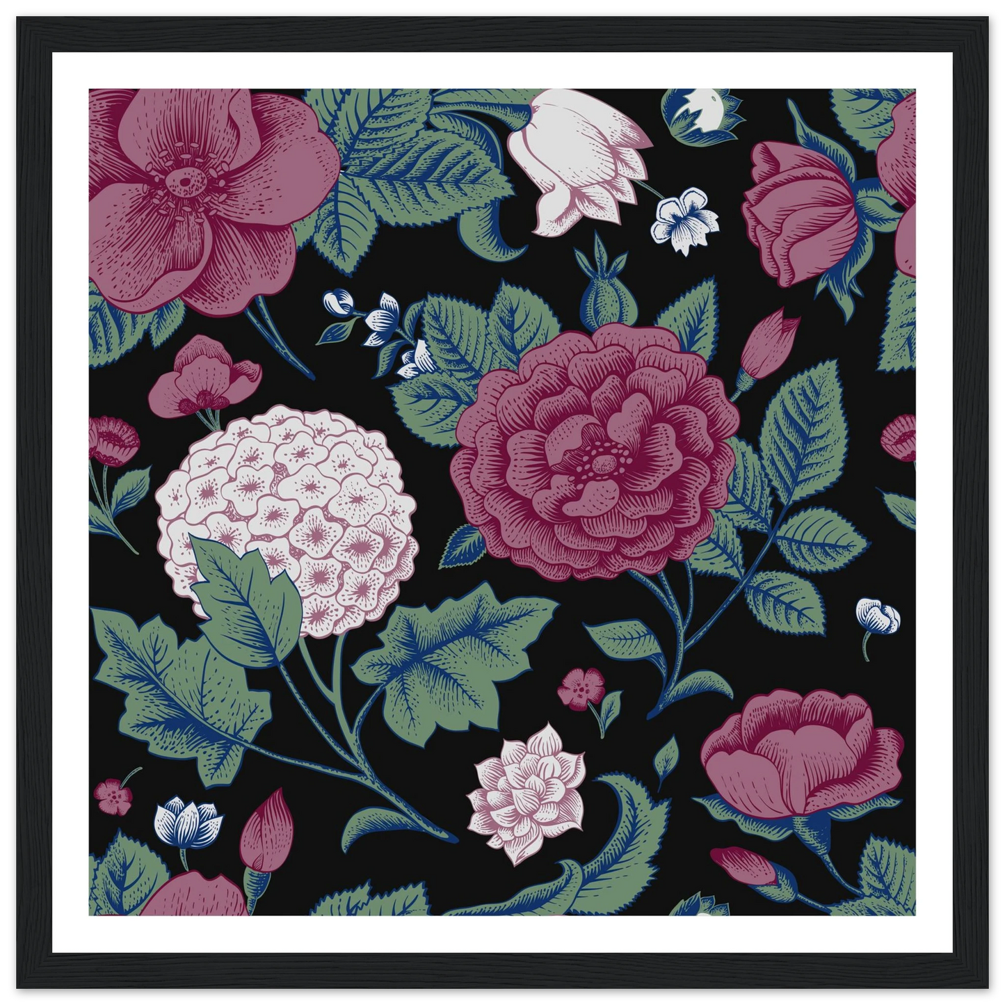 Deep Hydrangea & Rose Art Print | William Morris Inspired - Framed Poster - 30x30 cm / 12x12″ - Black frame