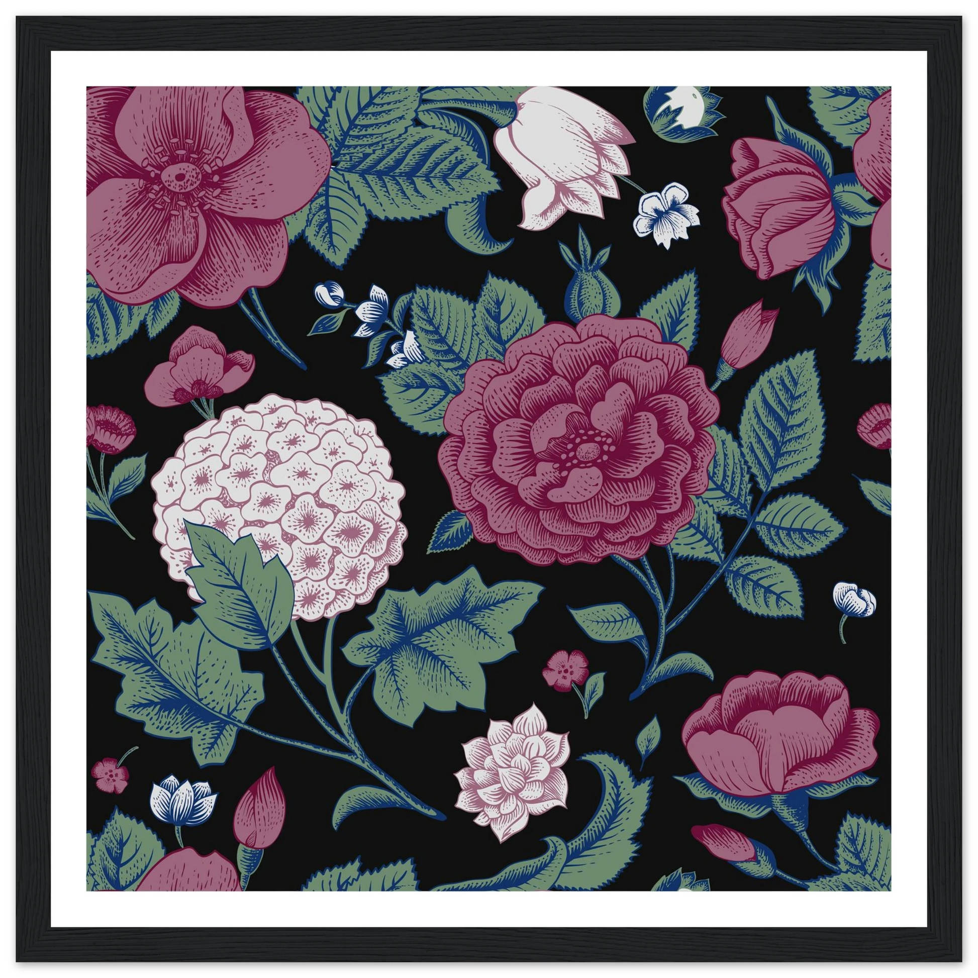 Deep Hydrangea & Rose Art Print | William Morris Inspired - Framed Poster - 30x30 cm / 12x12″ - Black frame