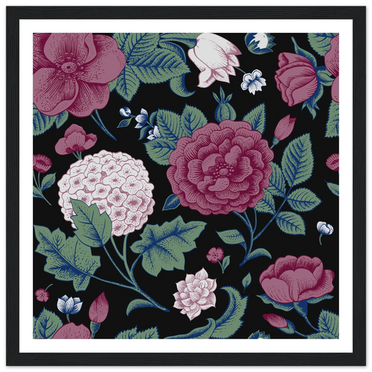Deep Hydrangea & Rose Art Print | William Morris Inspired - Framed Poster - 30x30 cm / 12x12″ - Black frame