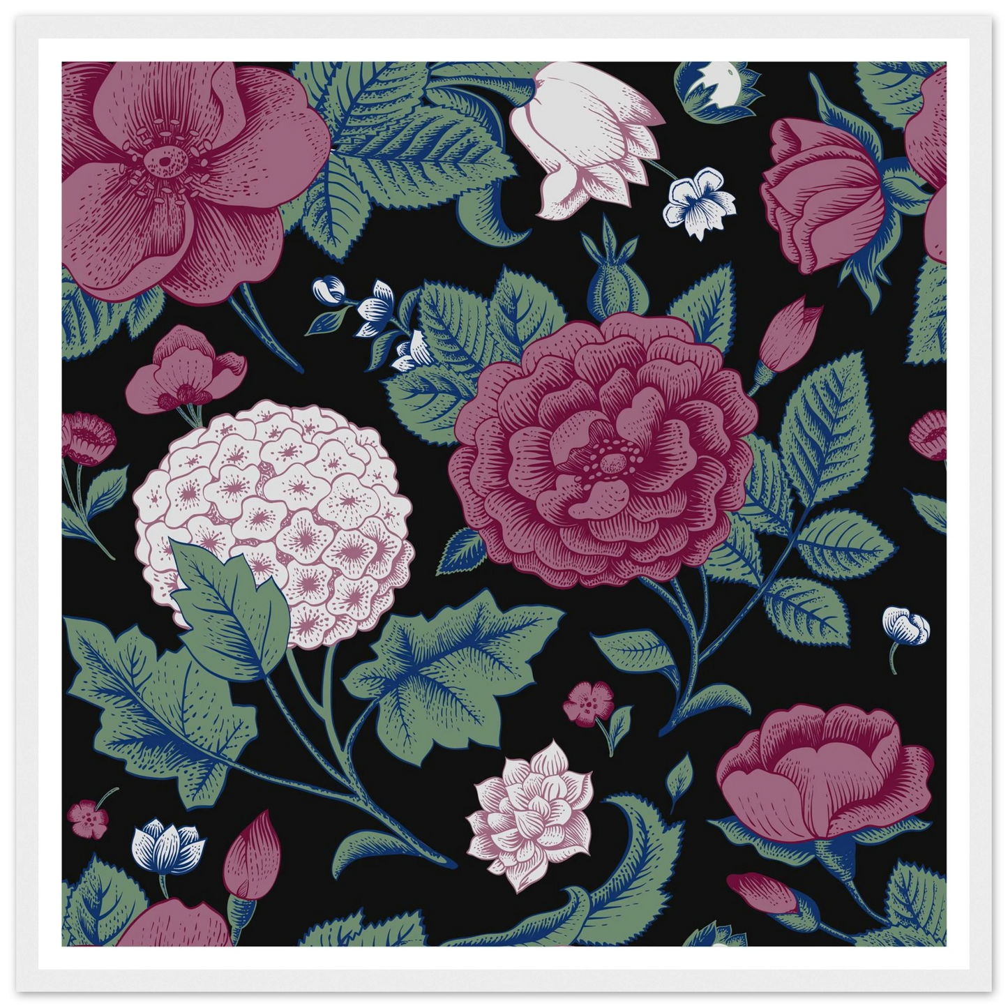Deep Hydrangea & Rose Art Print | William Morris Inspired - Framed Poster - 30x30 cm / 12x12″ - Black frame