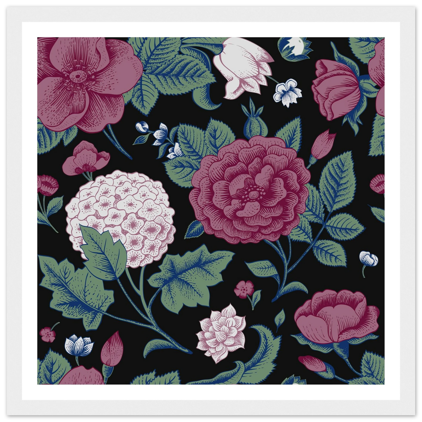 Deep Hydrangea & Rose Art Print | William Morris Inspired - Framed Poster - 30x30 cm / 12x12″ - Black frame