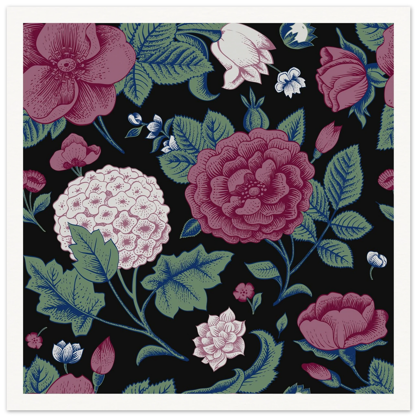 Deep Hydrangea & Rose Art Print | William Morris Inspired - Framed Poster - 30x30 cm / 12x12″ - Black frame
