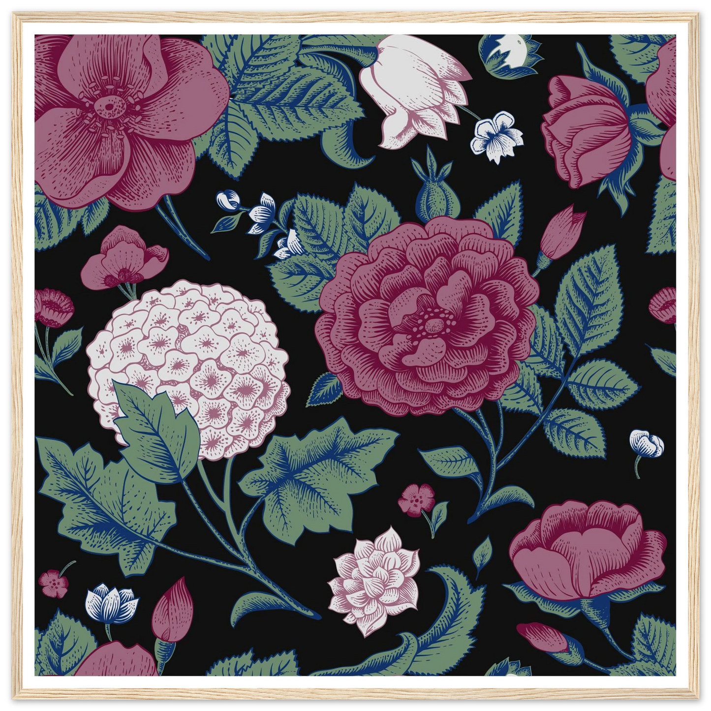 Deep Hydrangea & Rose Art Print | William Morris Inspired - Framed Poster - 30x30 cm / 12x12″ - Black frame