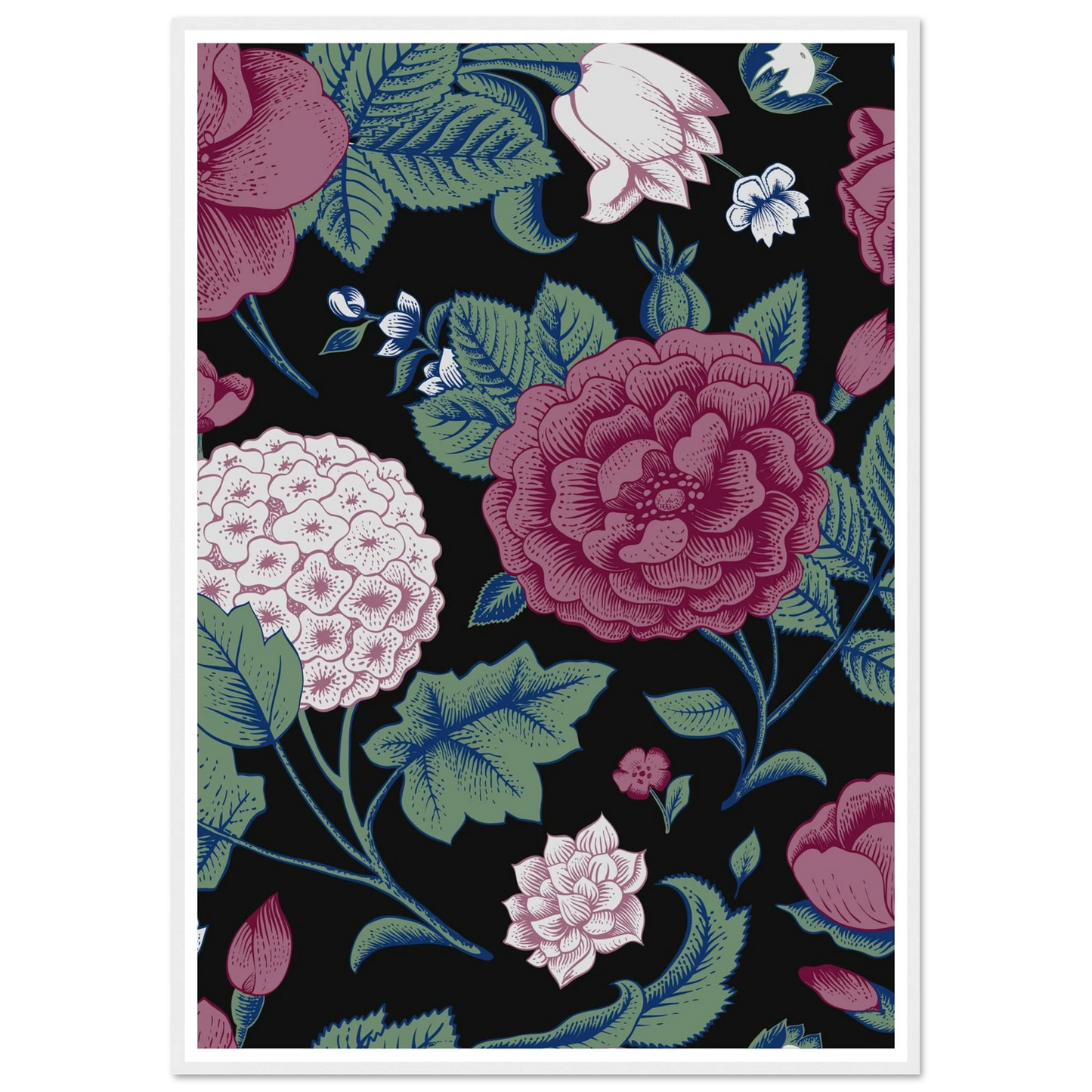 Deep Hydrangea & Rose Art Print | William Morris Inspired - Framed Poster - 30x30 cm / 12x12″ - Black frame