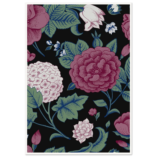 Deep Hydrangea & Rose Art Print | William Morris Inspired - Framed Poster - 30x30 cm / 12x12″ - Black frame