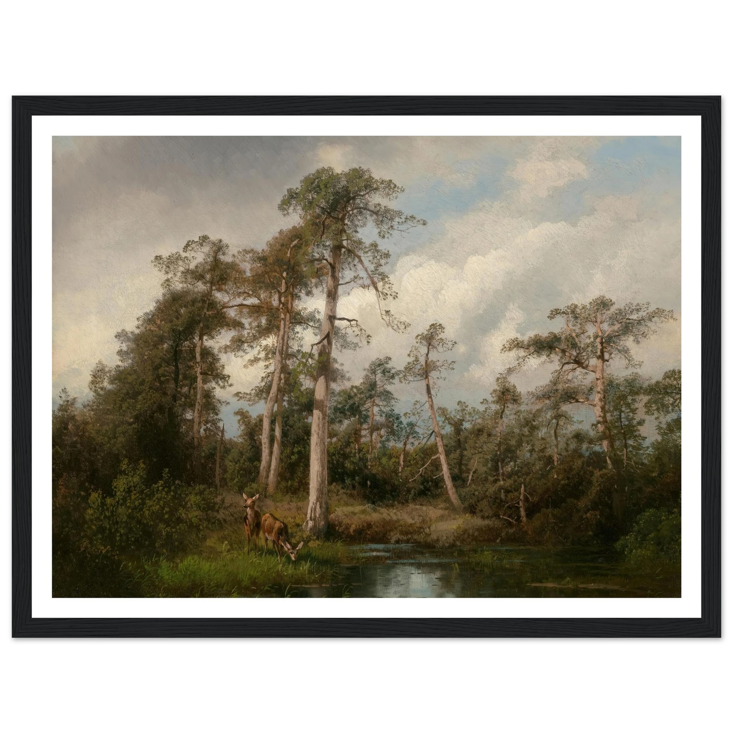 Deer in Gulph Hummock Art Print | Hermann Ottomar Herzog - Framed Poster - 30x40 cm / 12x16″ - Black frame