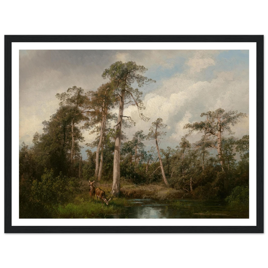 Deer in Gulph Hummock Art Print | Hermann Ottomar Herzog - Framed Poster - 30x40 cm / 12x16″ - Black frame