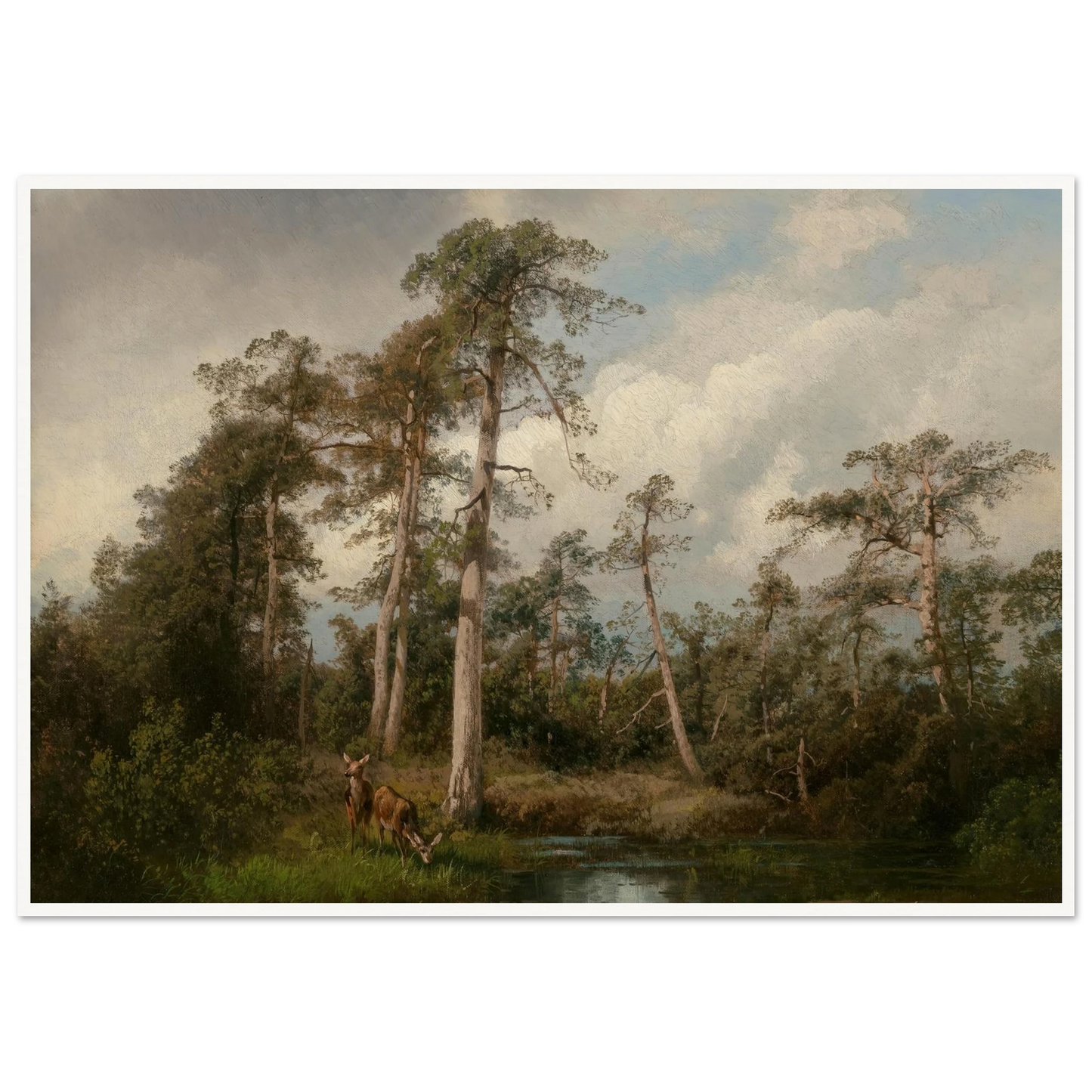 Deer in Gulph Hummock Art Print | Hermann Ottomar Herzog - Framed Poster - 30x40 cm / 12x16″ - Black frame